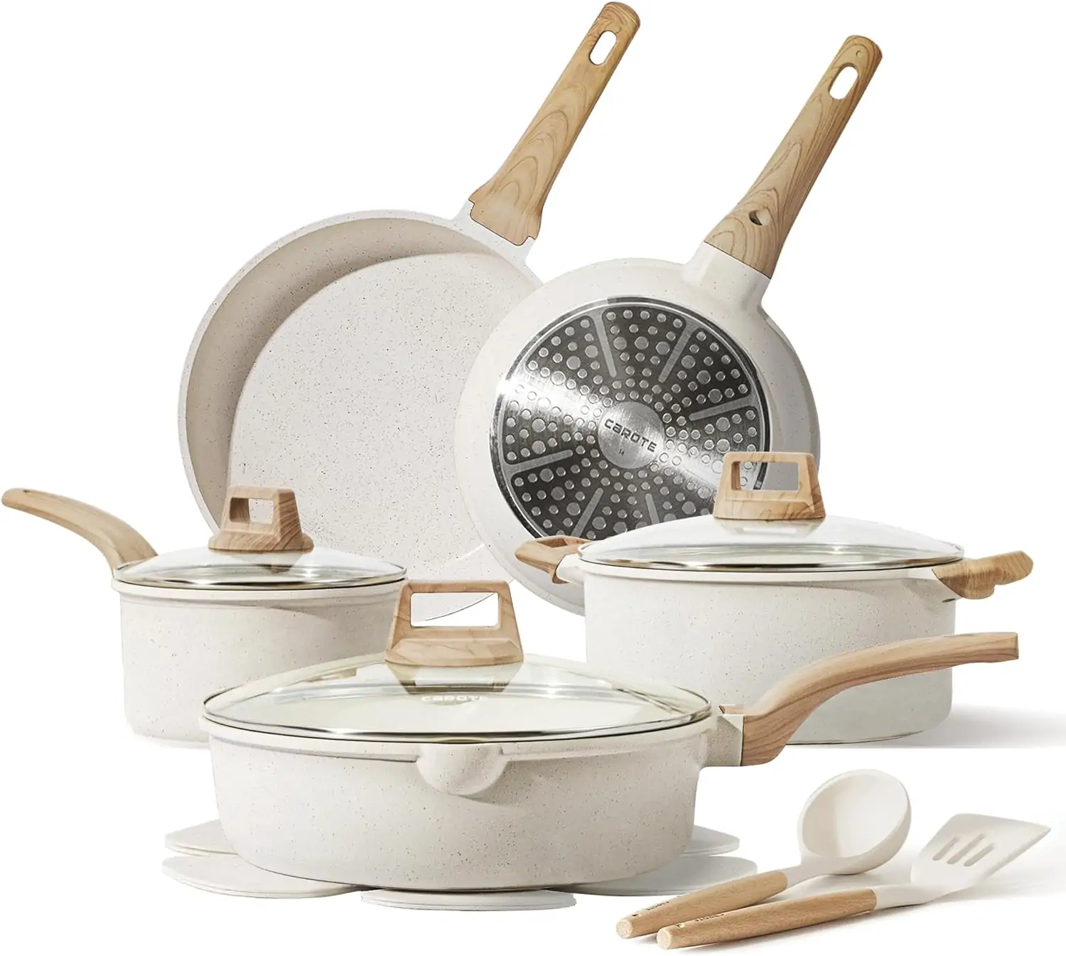 CAROTE 14-Piece Cream White Granite Nonstick Cookware Set