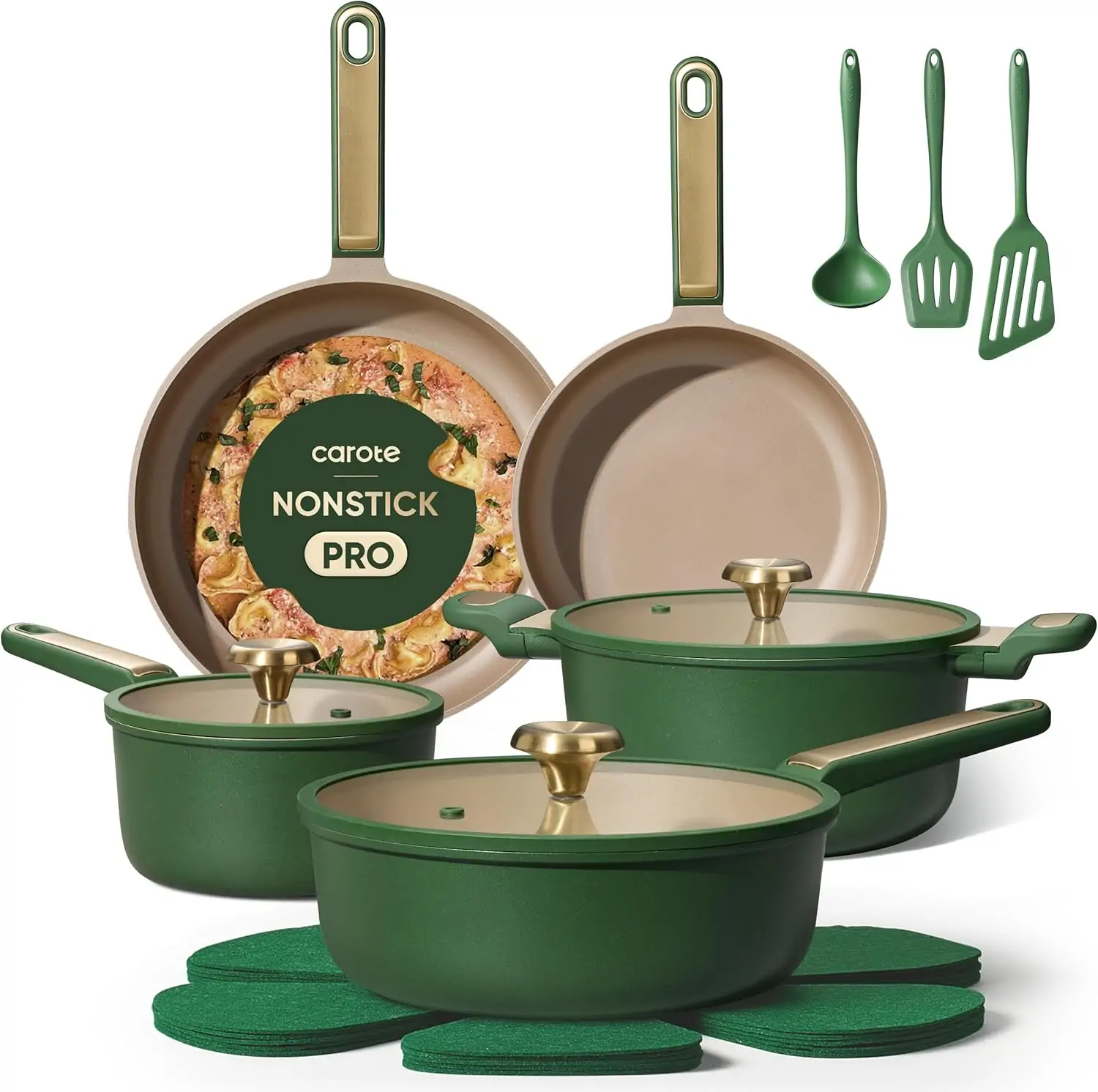 CAROTE 16-Piece Green Nonstick Cookware Set, Dishwasher Safe