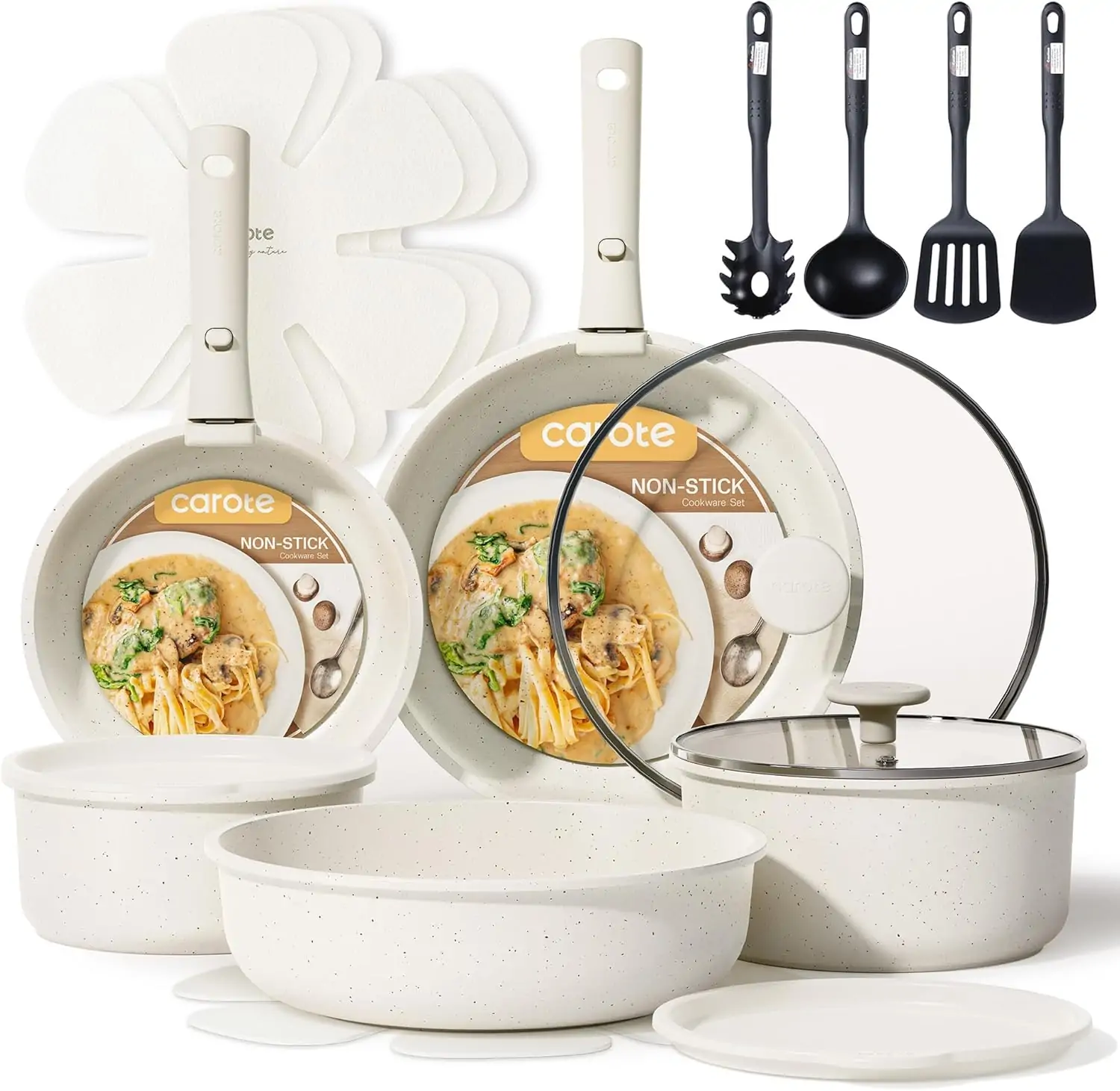CAROTE 19-Piece Cream White Nonstick Cookware Set with Detachable Handles