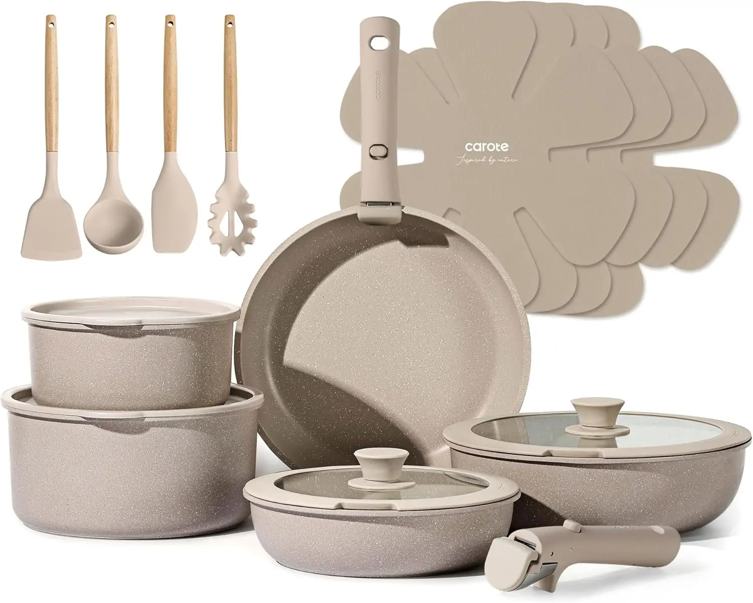 CAROTE 19-Piece Taupe Nonstick Cookware Set with Detachable Handles