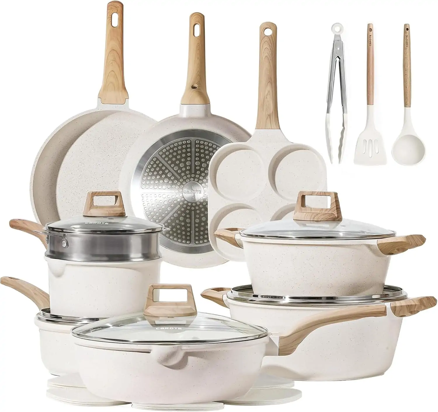 CAROTE 21-Piece Cream White Granite Nonstick Cookware Set