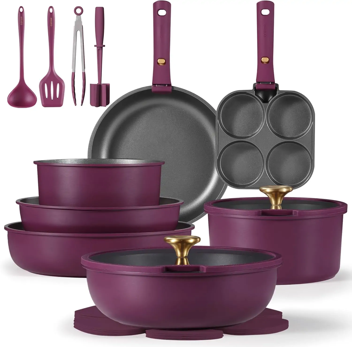 CAROTE 21-Piece Purple Nonstick Cookware Set with Detachable Handles