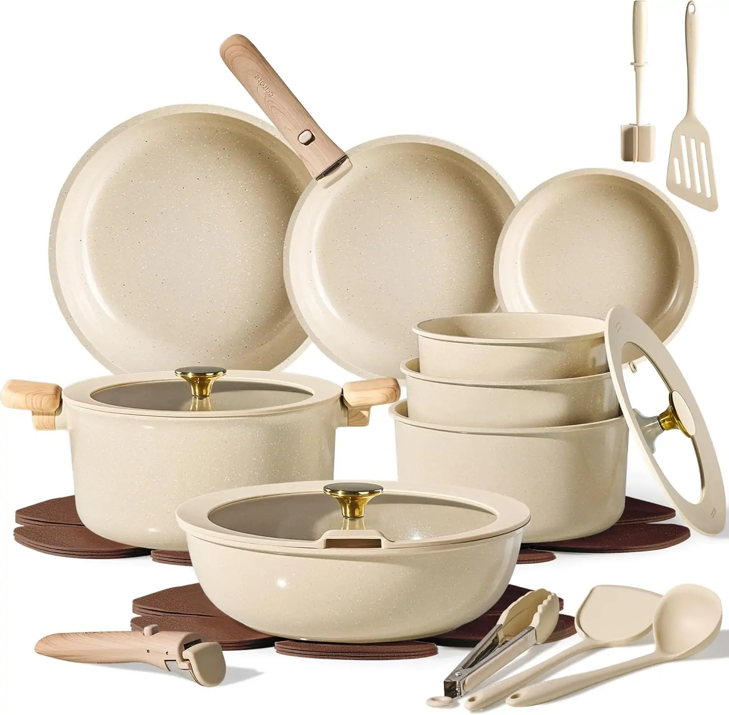 CAROTE 25-Piece Oatmeal Ceramic Nonstick Cookware Set with Removable Handles