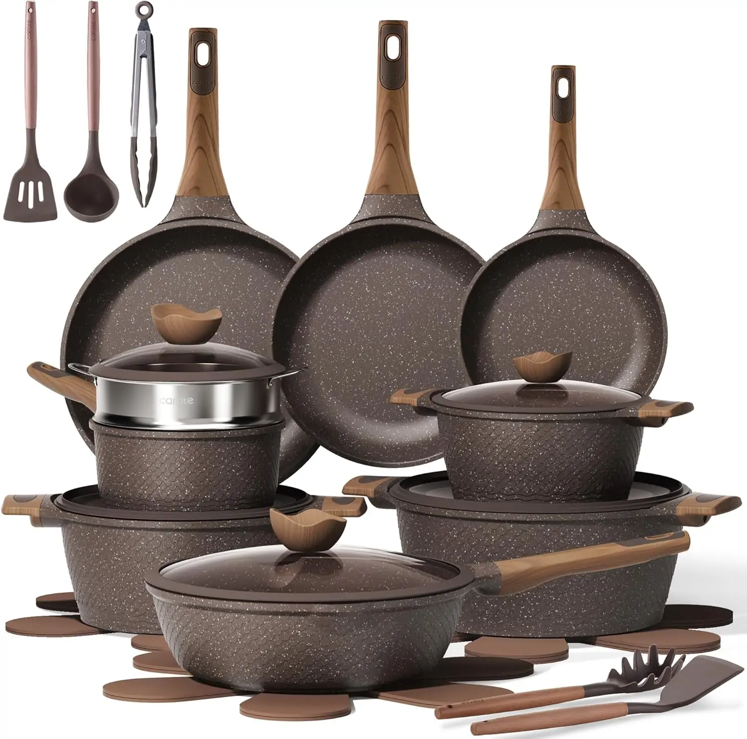CAROTE 26-Piece Brown Granite Nonstick Cookware Set