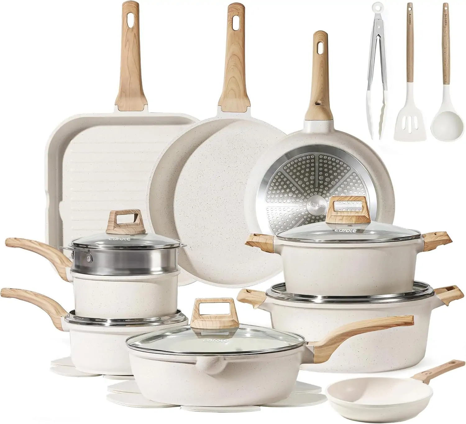 CAROTE 26-Piece Cream White Granite Nonstick Cookware Set